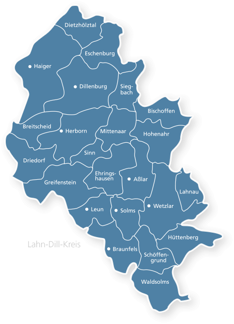 Kreiskarte des Lahn-Dill-Kreises mit seinen 23 Städten und Gemeinden.