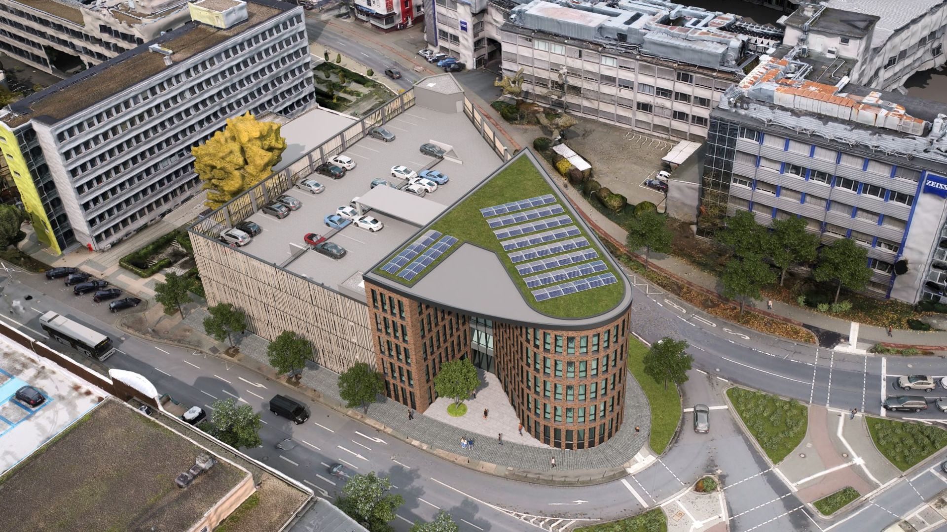 Das Dach des neuen Rundbaus am Buderusplatz wird begrünt und mit einer Fotovoltaikanlage ausgestattet. (Visualisierung: KuBuS generalplanungs gmbh)