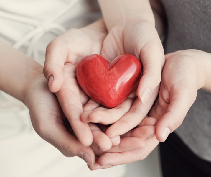 Zwei große Hände, in denen zwei kleiner Hände liegen, die ein rotes Herz halten. Foto: ThitareeSarmkasat von Getty Images