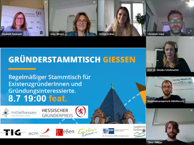 Die Gastgeber und Referenten beim virtuellen Gründerstammtisch (v.l.n.r.: Elisabeth Neumann, Antje Bienert, Verena Krakau, Christoph Seipp, Prof. Monika Schuhmacher, Benjamin Stuchly, Oliver Philipps). Foto: zur Verfügung gestellt vom Regionalmanagement Mittelhessen