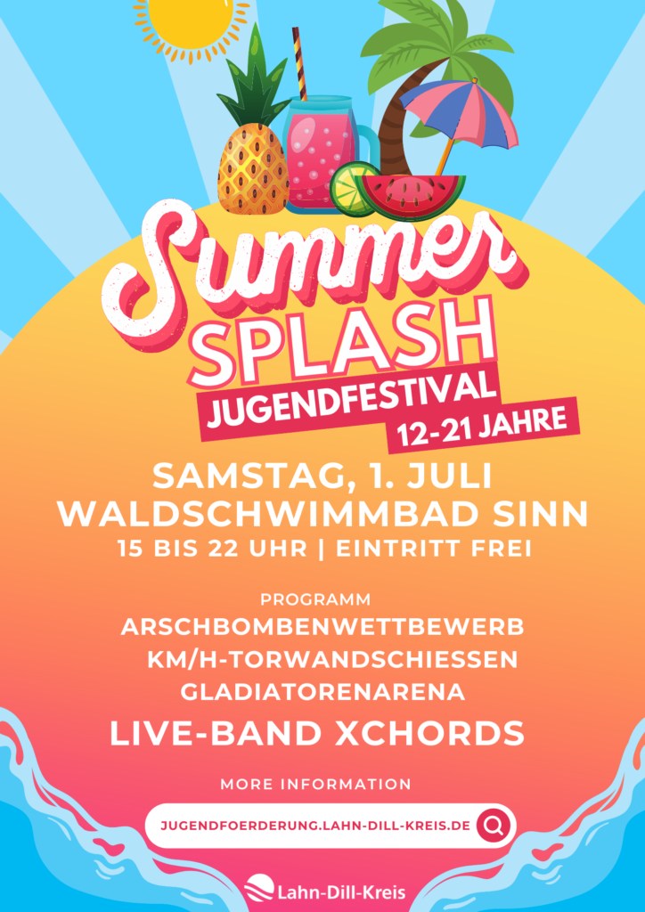 Am 1. Juli 2023 veranstaltet die Jugendförderung des Lahn-Dill-Kreises das Summer Splash Jugendfestival. Grafik: Jugendförderung Lahn-Dill-Kreis