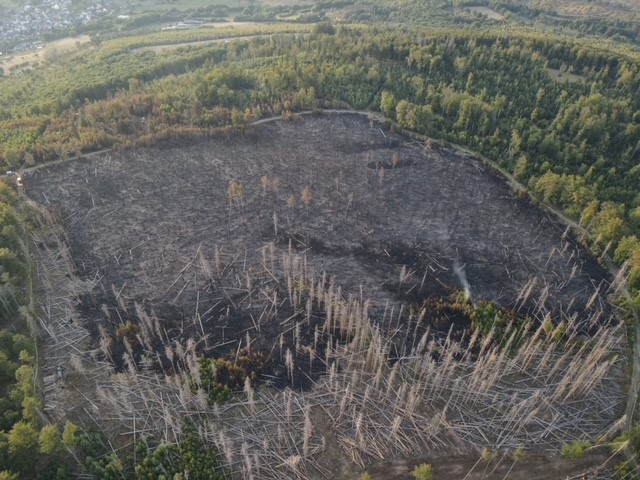 Luftaufnahme des Waldbrandes zwischen Dillenburg-Frohnhausen und Haiger-Niederroßbach, die die abgebrannte Fläche von mehr als 30 Hektar zeigt. Foto: Freiwillige Feuerwehr der Oranienstadt Dillenburg