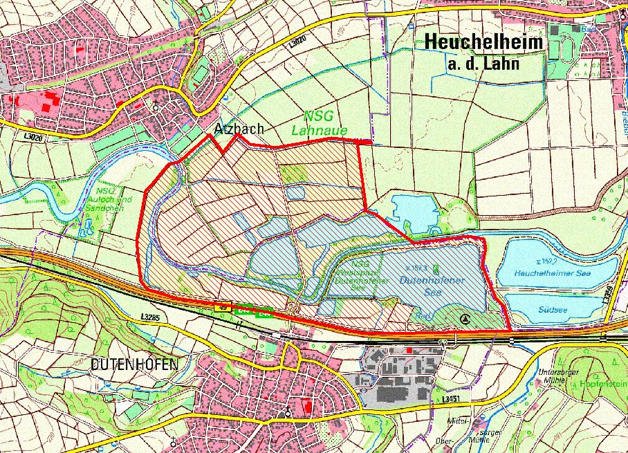 241_2 Karte Risikogebiet Lahnaue und Dutenhofener See Auch die Lahnauen und der Dutenhofener Badesee gehören zu den Bereichen, in denen kleinere Betriebe weiterhin die Aufstallungspflicht umsetzen müssen. Grafik: Lahn-Dill-Kreis