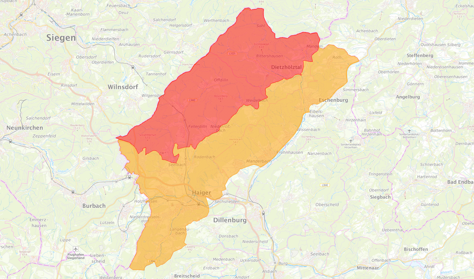 Aufgrund der Ausbreitung der Afrikanischen Schweinepest in NRW fallen Teilbereiche des nördlichen Lahn-Dill-Kreises nun in die sogenannte Sperrzone I (orange eingefärbt) und die Sperrzone II (rot eingefärbt). Karte: Lahn-Dill-Kreis